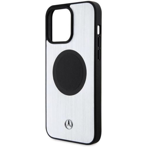 Apple iPhone 15 Pro Max (6.7) Kılıf Mercedes Benz Orjinal Lisanslı Magsafe Şarj Özellikli Alüminyum Arka Yüzey Metal Yıldız Logolu Kapak - Gümüş