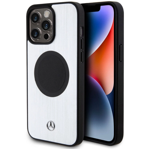 Apple iPhone 15 Pro Max (6.7) Kılıf Mercedes Benz Orjinal Lisanslı Magsafe Şarj Özellikli Alüminyum Arka Yüzey Metal Yıldız Logolu Kapak - Gümüş