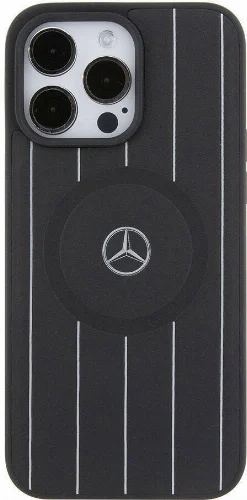 Apple iPhone 15 Pro Max (6.7) Kılıf Mercedes Benz Orjinal Lisanslı Magsafe Şarj Özellikli Baskı Logolu Paralel Çizgi Desenli Deri Kapak - Siyah
