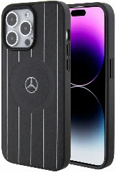 Apple iPhone 15 Pro Max (6.7) Kılıf Mercedes Benz Orjinal Lisanslı Magsafe Şarj Özellikli Baskı Logolu Paralel Çizgi Desenli Deri Kapak - Siyah