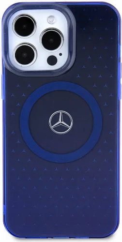 Apple iPhone 15 Pro Max (6.7) Kılıf Mercedes Benz Orjinal Lisanslı Magsafe Şarj Özellikli Çift Katmanlı Mavi Yıldız Desenli Kapak - Mavi