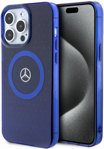 Apple iPhone 15 Pro Max (6.7) Kılıf Mercedes Benz Orjinal Lisanslı Magsafe Şarj Özellikli Çift Katmanlı Mavi Yıldız Desenli Kapak - Mavi
