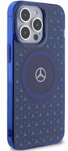 Apple iPhone 15 Pro Max (6.7) Kılıf Mercedes Benz Orjinal Lisanslı Magsafe Şarj Özellikli Çift Katmanlı Mini Yıldız Desenli Kapak - Mavi