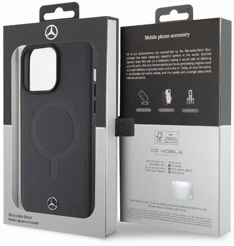 Apple iPhone 15 Pro Max (6.7) Kılıf Mercedes Benz Orjinal Lisanslı Magsafe Şarj Özellikli Metal Yıldız Logolu Pürüzsüz Deri Kapak - Siyah