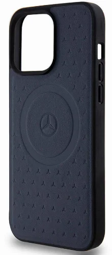 Apple iPhone 15 Pro Max (6.7) Kılıf Mercedes Benz Orjinal Lisanslı Magsafe Şarj Özellikli Mühürlü Yıldız Desenli ve Logolu Deri Kapak - Lacivert