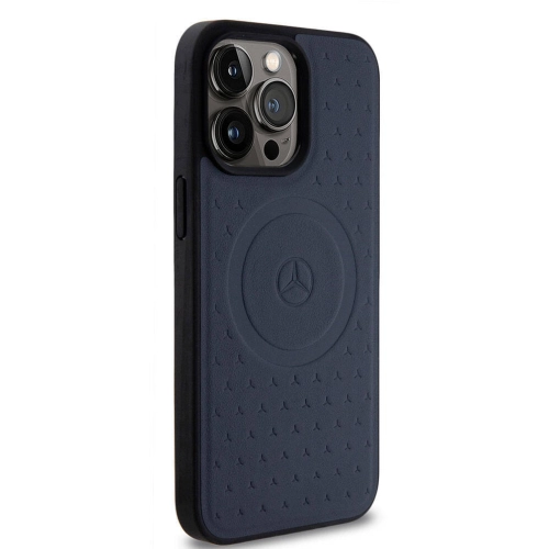 Apple iPhone 15 Pro Max (6.7) Kılıf Mercedes Benz Orjinal Lisanslı Magsafe Şarj Özellikli Mühürlü Yıldız Desenli ve Logolu Deri Kapak - Siyah