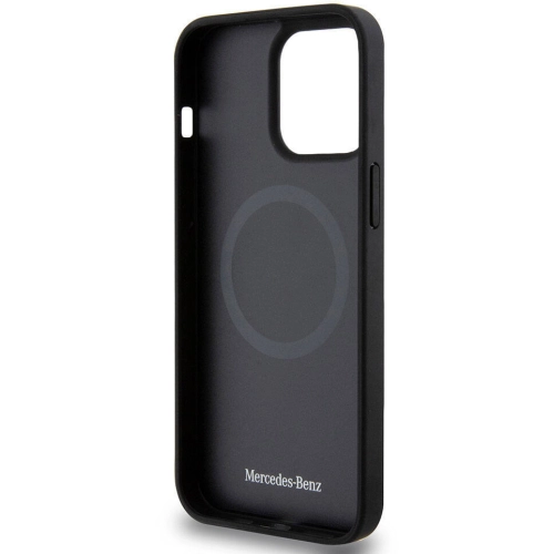 Apple iPhone 15 Pro Max (6.7) Kılıf Mercedes Benz Orjinal Lisanslı Magsafe Şarj Özellikli Mühürlü Yıldız Desenli ve Logolu Deri Kapak - Siyah