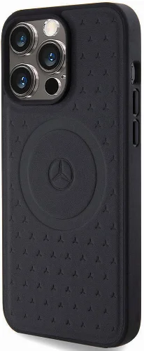 Apple iPhone 15 Pro Max (6.7) Kılıf Mercedes Benz Orjinal Lisanslı Magsafe Şarj Özellikli Mühürlü Yıldız Desenli ve Logolu Deri Kapak - Siyah