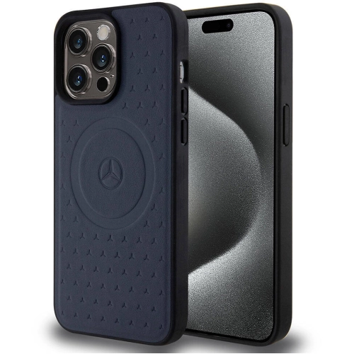 Apple iPhone 15 Pro Max (6.7) Kılıf Mercedes Benz Orjinal Lisanslı Magsafe Şarj Özellikli Mühürlü Yıldız Desenli ve Logolu Deri Kapak - Lacivert