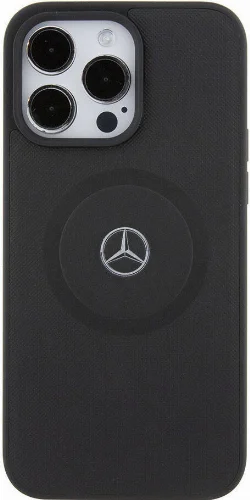 Apple iPhone 15 Pro Max (6.7) Kılıf Mercedes Benz Orjinal Lisanslı Magsafe Şarj Özellikli Pike Desenli Baskı Logolu Deri Kapak - Siyah