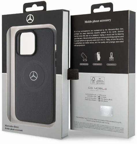 Apple iPhone 15 Pro Max (6.7) Kılıf Mercedes Benz Orjinal Lisanslı Magsafe Şarj Özellikli Pike Desenli Baskı Logolu Deri Kapak - Siyah