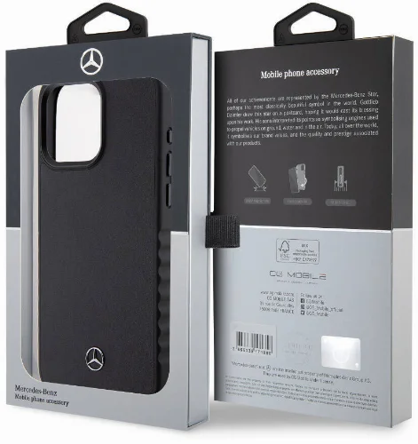 Apple iPhone 15 Pro Max (6.7) Kılıf Mercedes Benz Orjinal Lisanslı Tırtıklı Kenar Tasarımlı Metal Yıldız Logolu Pürüzsüz Hakiki Deri Kapak - Siyah