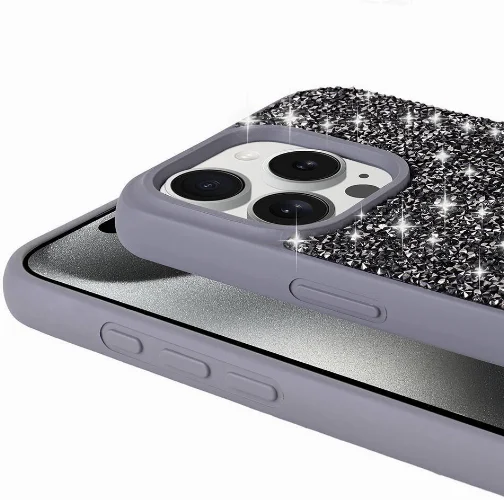 Apple iPhone 15 Pro Max Kılıf Parlak Taşlı Tasarım Zore Pırlanta Kapak - Gri