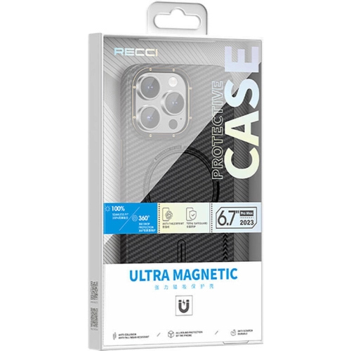 Apple iPhone 15 Pro Max (6.7) Kılıf Recci Machinist Serisi Magsafe Şarj Özellikli Magnetik Karbon Kapak - Siyah