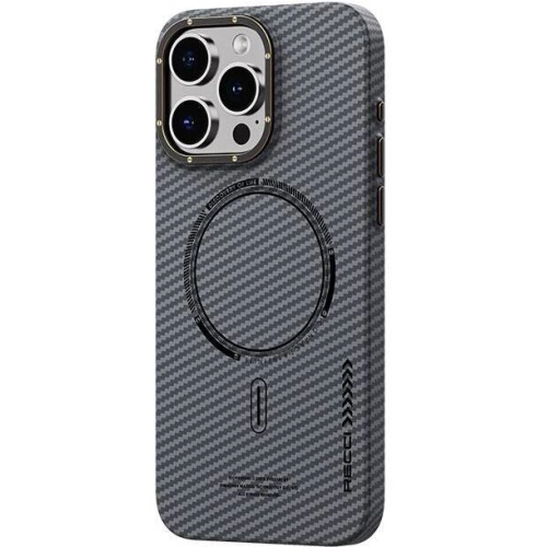 Apple iPhone 15 Pro Max (6.7) Kılıf Recci Machinist Serisi Magsafe Şarj Özellikli Magnetik Karbon Kapak - Gri