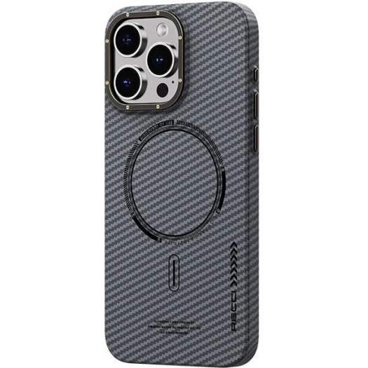 Apple iPhone 15 Pro Max (6.7) Kılıf Recci Machinist Serisi Magsafe Şarj Özellikli Magnetik Karbon Kapak - Gri