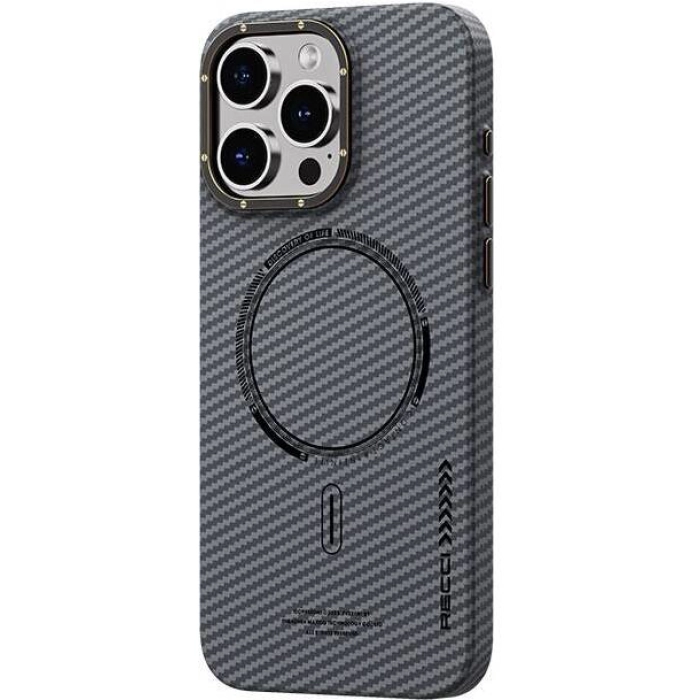 Apple iPhone 15 Pro Max (6.7) Kılıf Recci Machinist Serisi Magsafe Şarj Özellikli Magnetik Karbon Kapak - Gri