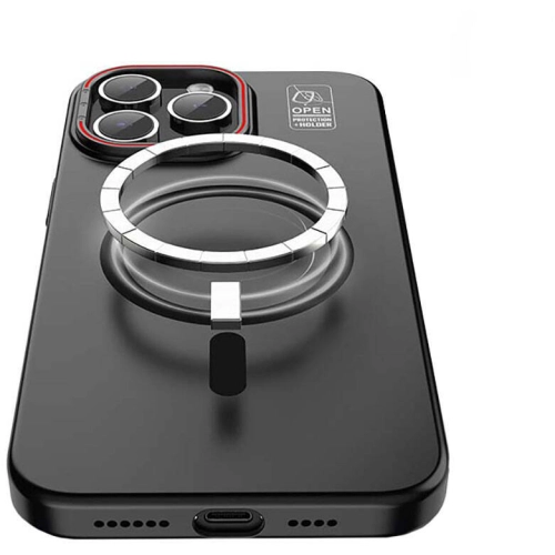 Apple iPhone 15 Pro Max (6.7) Kılıf Recci Magnetic Glass Serisi Standlı Magsafe Şarj Özellikli Kapak - Siyah