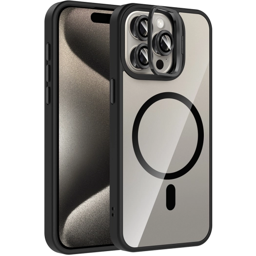 Apple iPhone 15 Pro Max (6.7) Kılıf Standlı ve Kamera Lens Hediyeli M-Safe Şarj Özellikli Etro Kapak - Siyah