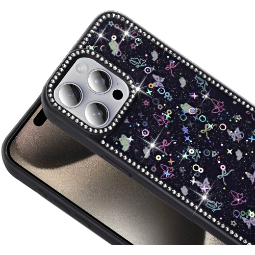 Apple iPhone 15 Pro Max (6.7) Kılıf Taşlı ve Simli Tasarım Lux Işıltılı Azra Kapak - Pembe