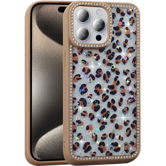 Apple iPhone 15 Pro Max (6.7) Kılıf Taşlı ve Simli Tasarım Lux Işıltılı Azra Kapak - Gold