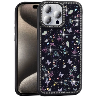 Apple iPhone 15 Pro Max (6.7) Kılıf Taşlı ve Simli Tasarım Lux Işıltılı Azra Kapak - Siyah