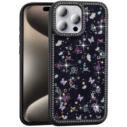 Apple iPhone 15 Pro Max (6.7) Kılıf Taşlı ve Simli Tasarım Lux Işıltılı Azra Kapak - Siyah