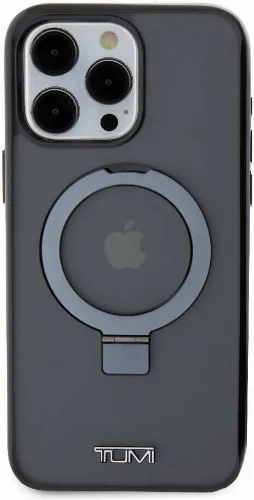 Apple iPhone 15 Pro Max (6.7) Kılıf TUMI Orjinal Lisanslı Magsafe Şarj Özellikli PC TPU Metal Logolu Ring Standlı Kapak - Siyah