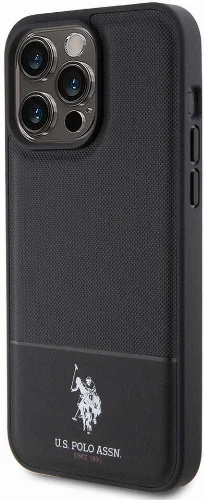 Apple iPhone 15 Pro Max (6.7) Kılıf U.S. Polo Assn. Orjinal Lisanslı Suni Deri Arka Yüzey Baskı Logolu Örgü Desenli Kapak - Siyah