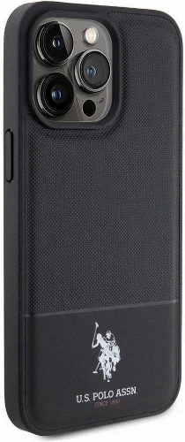 Apple iPhone 15 Pro Max (6.7) Kılıf U.S. Polo Assn. Orjinal Lisanslı Suni Deri Arka Yüzey Baskı Logolu Örgü Desenli Kapak - Siyah