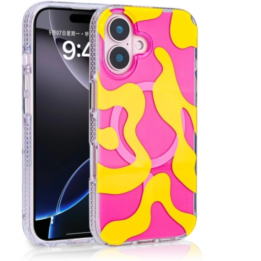 Apple iPhone 16 (6.1) Kılıf Magsafe Kablosuz Şarj Özellikli Desenli Silikon TPU+PC Stilo Kapak - Sarı