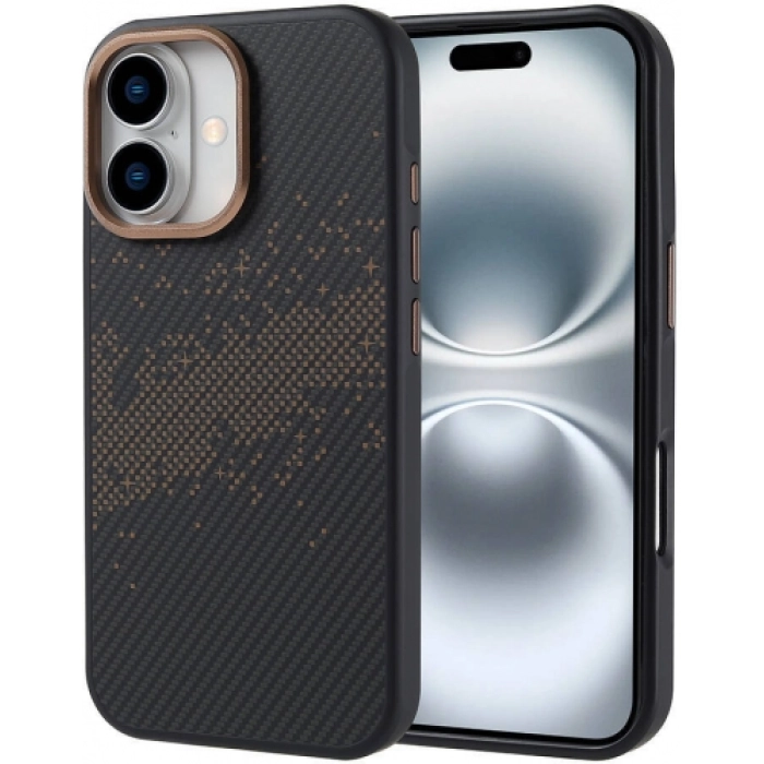 Apple iPhone 16 (6.1) Kılıf Magsafe Şarj Özellikli Karbon Fiber Tasarımlı İnce Vave Kapak - Gold