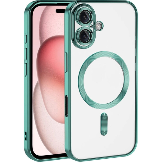Apple iPhone 16 (6.1) Kılıf Kamera Korumalı Şeffaf Magsafe Wireless Şarj Özellikli Demre Kapak - Yeşil