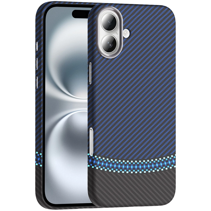 Apple iPhone 16 (6.1) ile Uyumlu Kılıf MagSafe Şarj Özellikli Karbon Fiber Görünümlü Gros Kapak - Siyah-Lacivert