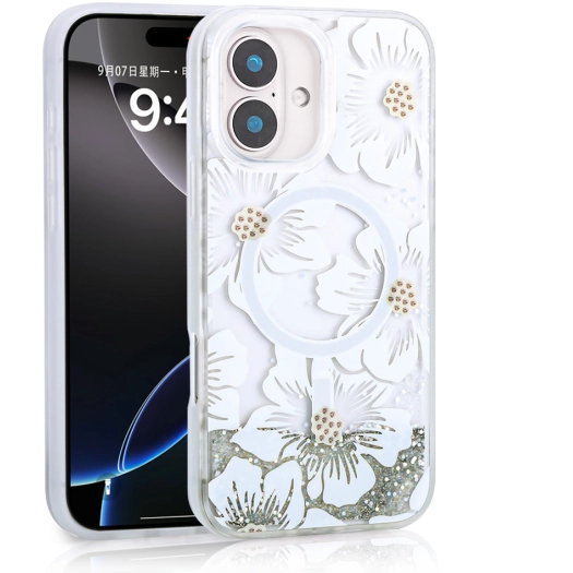 Apple iPhone 16 (6.1) Kılıf Sıvılı Simli Baskılı Şeffaf Arka Yüzey Zore Mossa Silikon Kapak - Gri