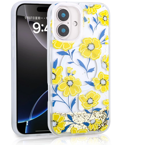 Apple iPhone 16 (6.1) Kılıf Sıvılı Simli Baskılı Şeffaf Arka Yüzey Zore Mossa Silikon Kapak - Sarı