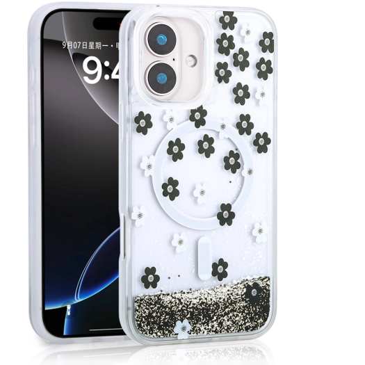 Apple iPhone 16 (6.1) Kılıf Sıvılı Simli Baskılı Şeffaf Arka Yüzey Zore Mossa Silikon Kapak - Siyah