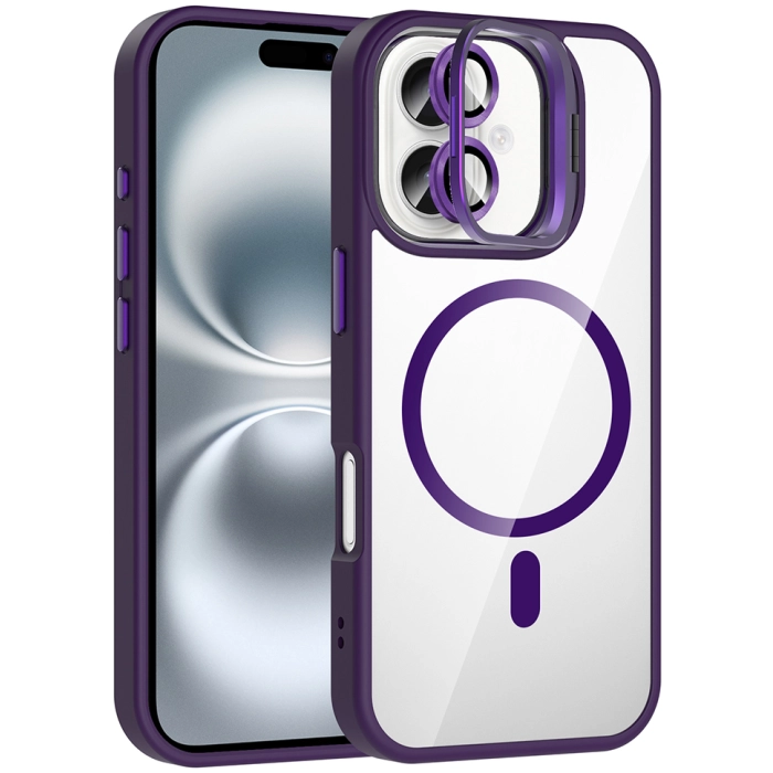 Apple iPhone 16 (6.1) Kılıf Standlı ve Kamera Lens Hediyeli M-Safe Şarj Özellikli Etro Kapak - Derin Mor