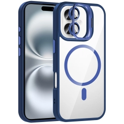 Apple iPhone 16 (6.1) Kılıf Standlı ve Kamera Lens Hediyeli M-Safe Şarj Özellikli Etro Kapak - Lacivert