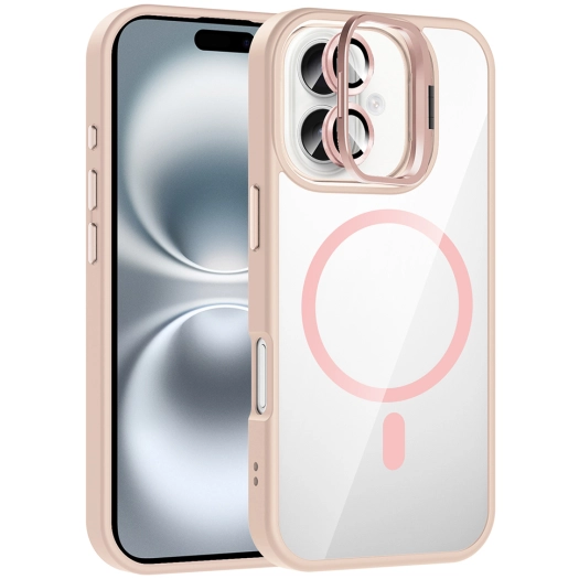 Apple iPhone 16 (6.1) Kılıf Standlı ve Kamera Lens Hediyeli M-Safe Şarj Özellikli Etro Kapak - Pembe