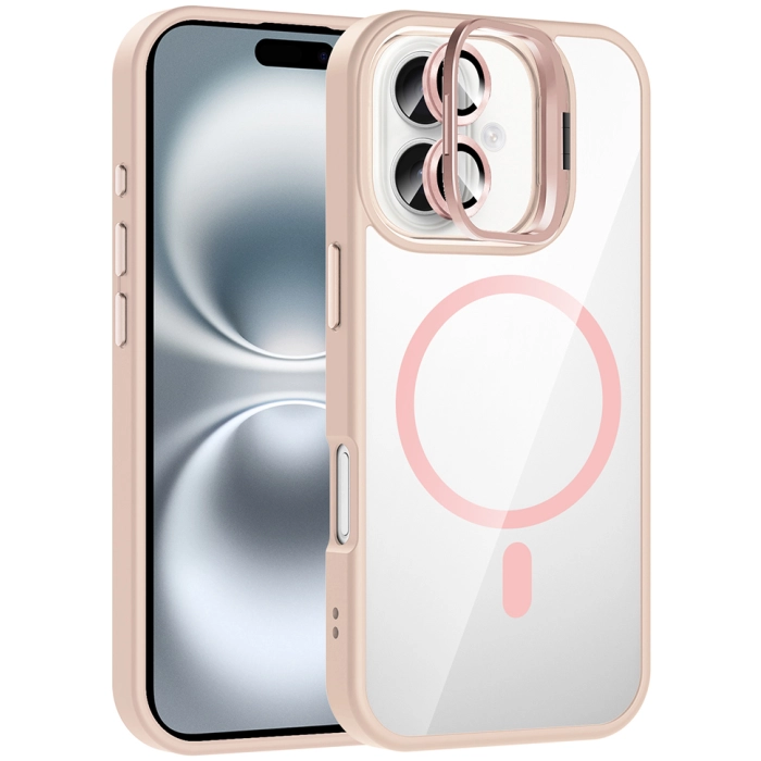 Apple iPhone 16 (6.1) Kılıf Standlı ve Kamera Lens Hediyeli M-Safe Şarj Özellikli Etro Kapak - Pembe