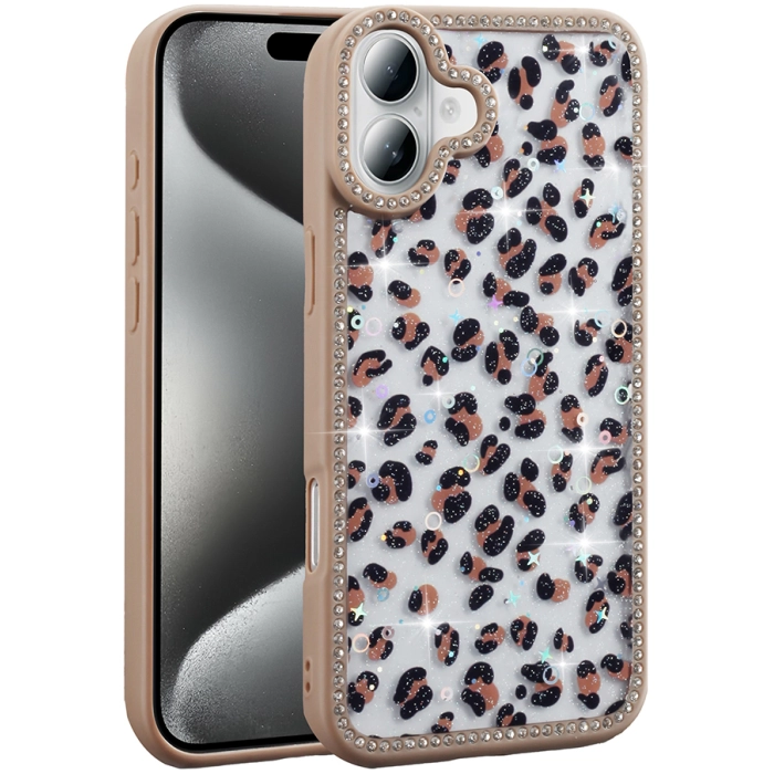 Apple iPhone 16 (6.1) Kılıf Taşlı ve Simli Tasarım Lux Işıltılı Azra Kapak - Gold