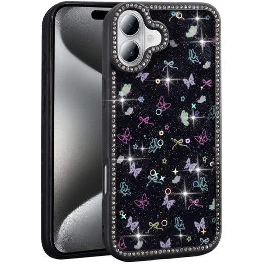 Apple iPhone 16 (6.1) Kılıf Taşlı ve Simli Tasarım Lux Işıltılı Azra Kapak - Siyah