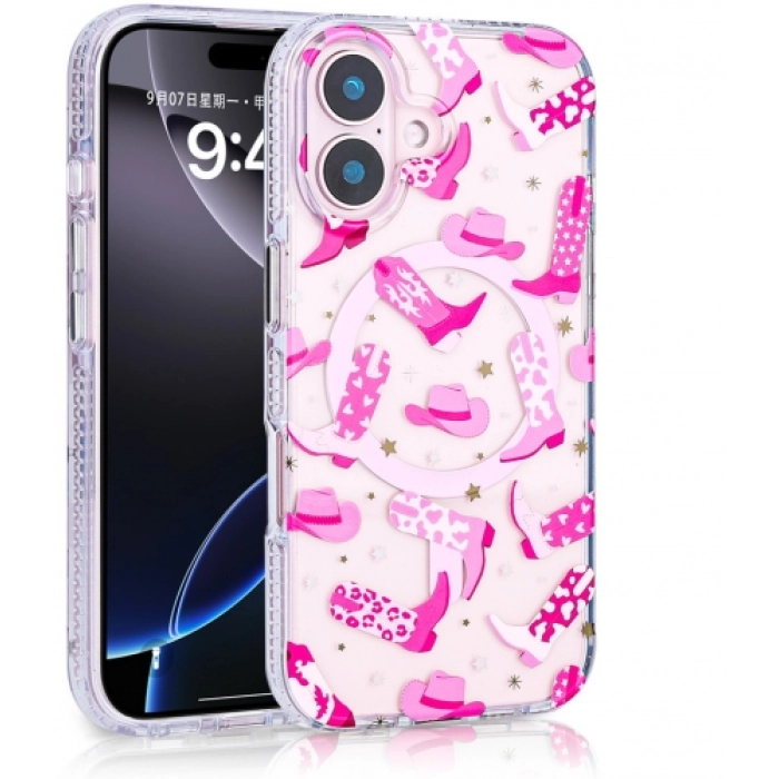 Apple iPhone 16 Plus (6.7) Kılıf Magsafe Kablosuz Şarj Özellikli Desenli Silikon TPU+PC Stilo Kapak - Pembe