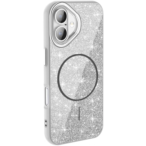 Apple iPhone 16 Plus (6.7) Kılıf Magsafe Şarj Özellikli Parlayan Simli Silikon Okso Kapak - Beyaz