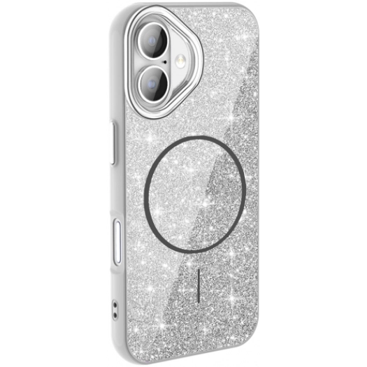 Apple iPhone 16 Plus (6.7) Kılıf Magsafe Şarj Özellikli Parlayan Simli Silikon Okso Kapak - Beyaz