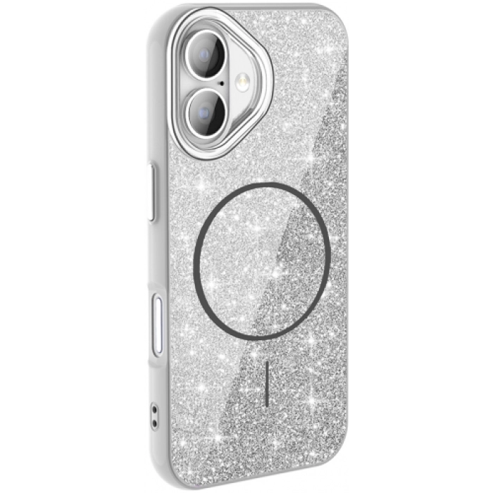 Apple iPhone 16 Plus (6.7) Kılıf Magsafe Şarj Özellikli Parlayan Simli Silikon Okso Kapak - Beyaz