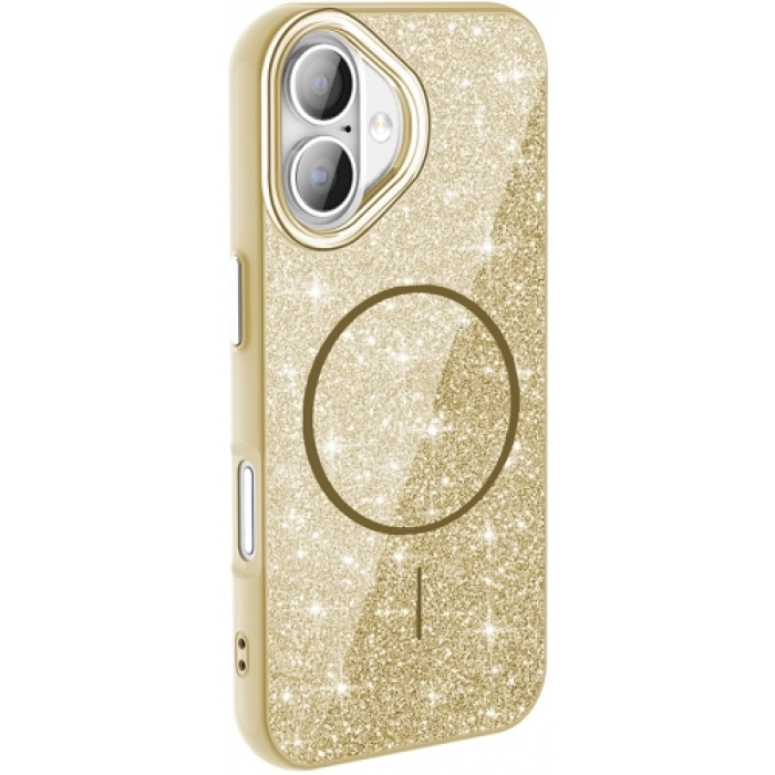 Apple iPhone 16 Plus (6.7) Kılıf Magsafe Şarj Özellikli Parlayan Simli Silikon Okso Kapak - Gold