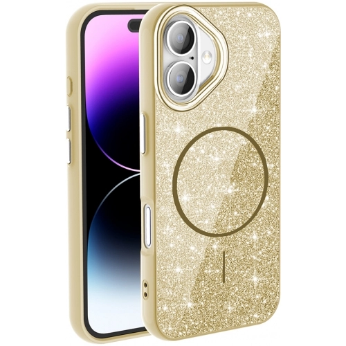 Apple iPhone 16 Plus (6.7) Kılıf Magsafe Şarj Özellikli Parlayan Simli Silikon Okso Kapak - Gold