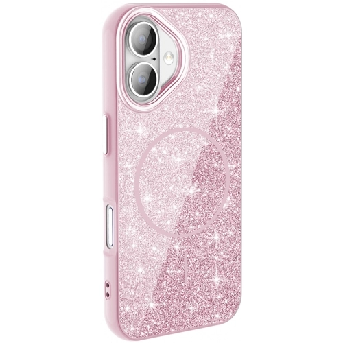 Apple iPhone 16 Plus (6.7) Kılıf Magsafe Şarj Özellikli Parlayan Simli Silikon Okso Kapak - Pembe